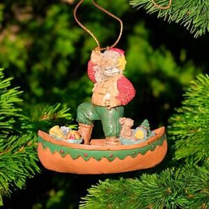 Vintage 1994 WANGS Santa in Canoe Ornament with Toys & Puppy – Rustic Christmas